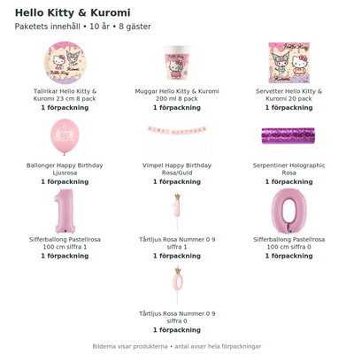 Hello Kitty & Kuromi – 10-årskalas – kalaspaket för 8 gäster – innehåll och antal