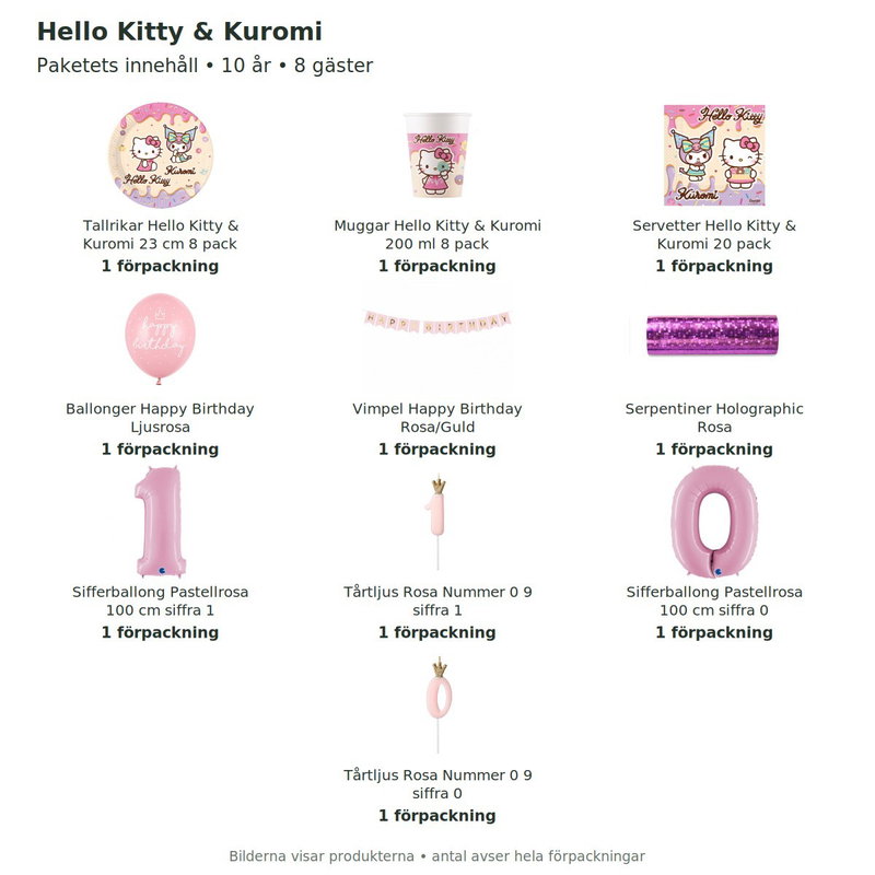 Hello Kitty & Kuromi – 10-årskalas – kalaspaket för 8 gäster – innehåll och antal