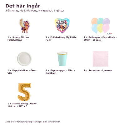 5-årskalas, My Little Pony, kalaspaket, 6 gäster – innehåll och antal, sifferballong 100 cm