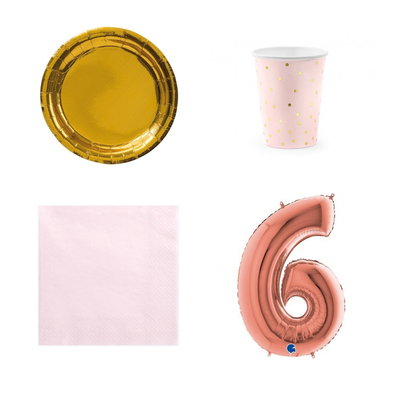 6-årskalas, Rosa och guld, kalaspaket, 6 gäster – paketets produkter med sifferballong 100 cm