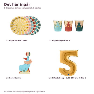 5-årskalas, Cirkus, kalaspaket, 6 gäster – innehåll och antal, sifferballong 100 cm