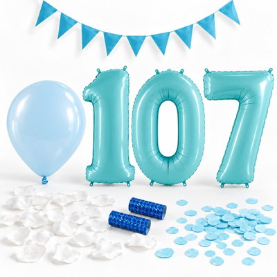 107-års festpaket, Blått, Stor – paketets dekorationer på vit bakgrund