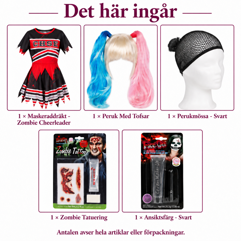 Det här ingår i Zombiecheerleader – vuxendräkt med tofsperuk och köttsår