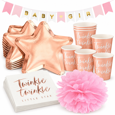 Babyshower flicka – roséguld och rosa – fikapaket, 12 gäster – samlat paketinnehåll