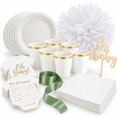 Babyshower – salvia och vitt – dukning och minnen, 6 gäster – samlat paketinnehåll
