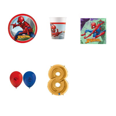 8-årskalas, Spiderman, kalaspaket, 8 gäster – paketets produkter med sifferballong 100 cm