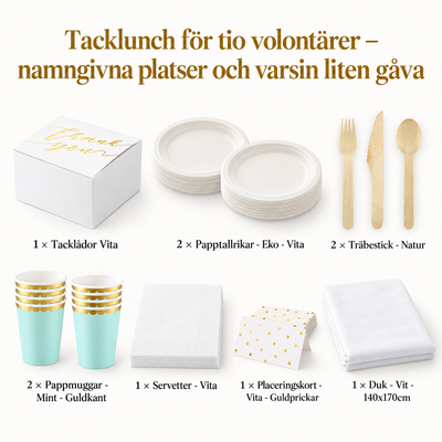 Tacklunch för tio volontärer – namngivna platser och varsin liten gåva – innehåll och antal försäljningsförpackningar
