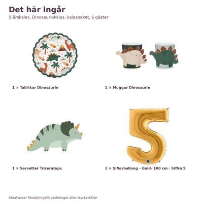 5-årskalas, Dinosauriekalas, kalaspaket, 6 gäster – innehåll och antal, sifferballong 100 cm