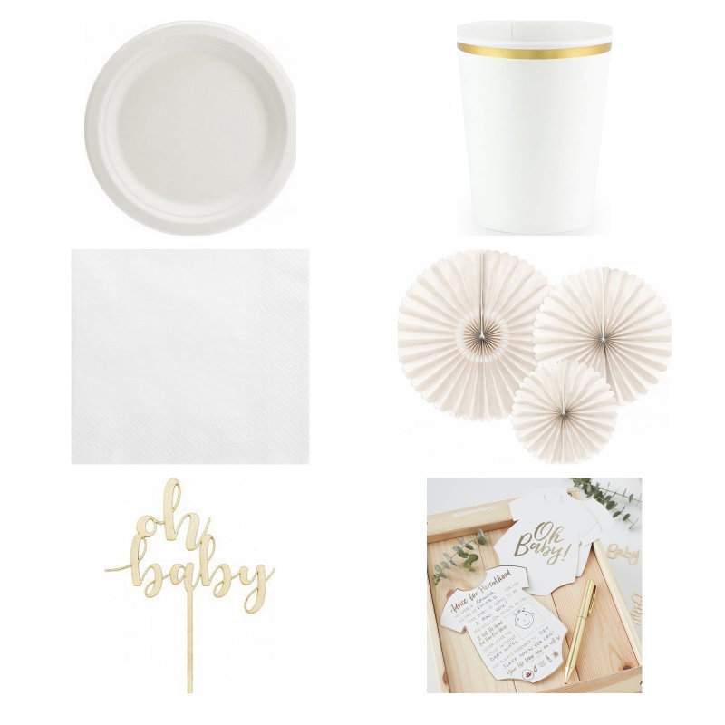 Babyshower – beige och vitt – dukning och minnen, 12 gäster – paketets produkter
