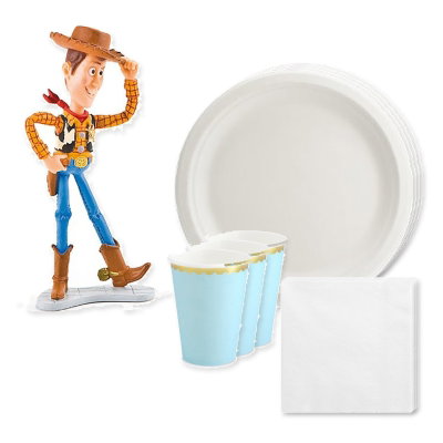 Toy Story – färgmatchad dukning och Woody-tårtfigur, 6 gäster – samlat paketinnehåll