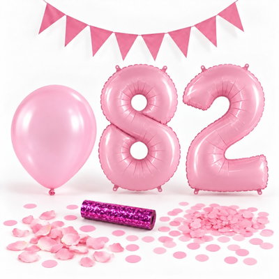 82-års festpaket, Rosa, Stor – paketets dekorationer på vit bakgrund