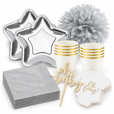 Babyshower – vitt och silver – dukning och minnen, 12 gäster – samlat paketinnehåll