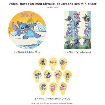 Stitch, tårtpaket med tårtbild, dekorband och minibilder – innehåll och antal förpackningar