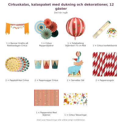 Cirkuskalas, kalaspaket med dukning och dekorationer, 12 gäster – innehåll och antal förpackningar