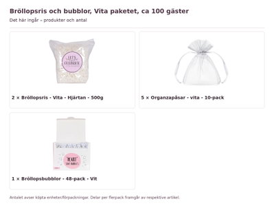 Bröllopsris och bubblor, Vita paketet, ca 100 gäster – innehåll och antal förpackningar