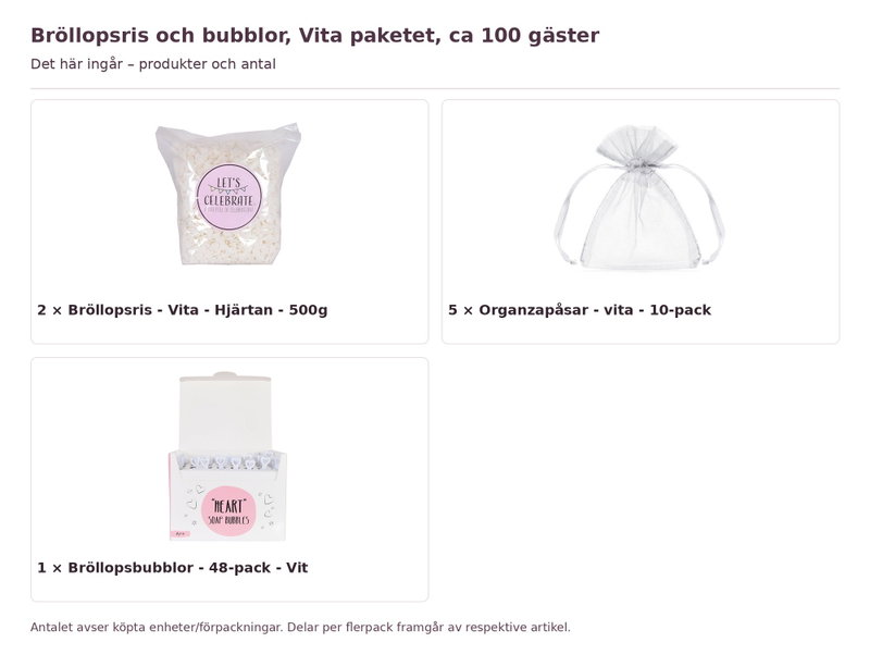 Bröllopsris och bubblor, Vita paketet, ca 100 gäster – innehåll och antal förpackningar