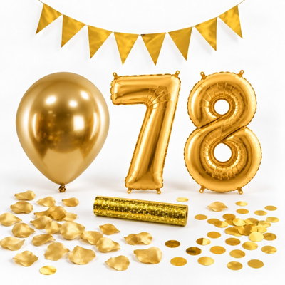 78-års festpaket, Guld, Stor – paketets dekorationer på vit bakgrund
