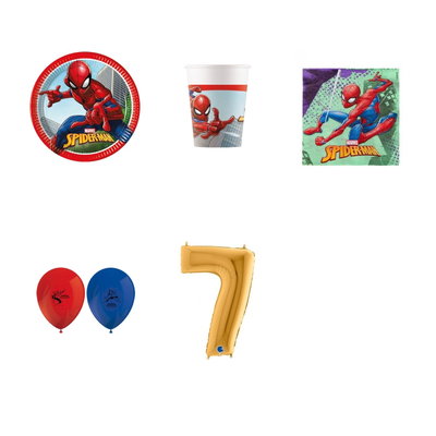 7-årskalas, Spiderman, kalaspaket, 8 gäster – paketets produkter med sifferballong 100 cm