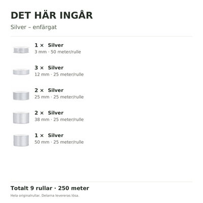 Det här ingår – Satinbandspaket – Silver – 9 rullar