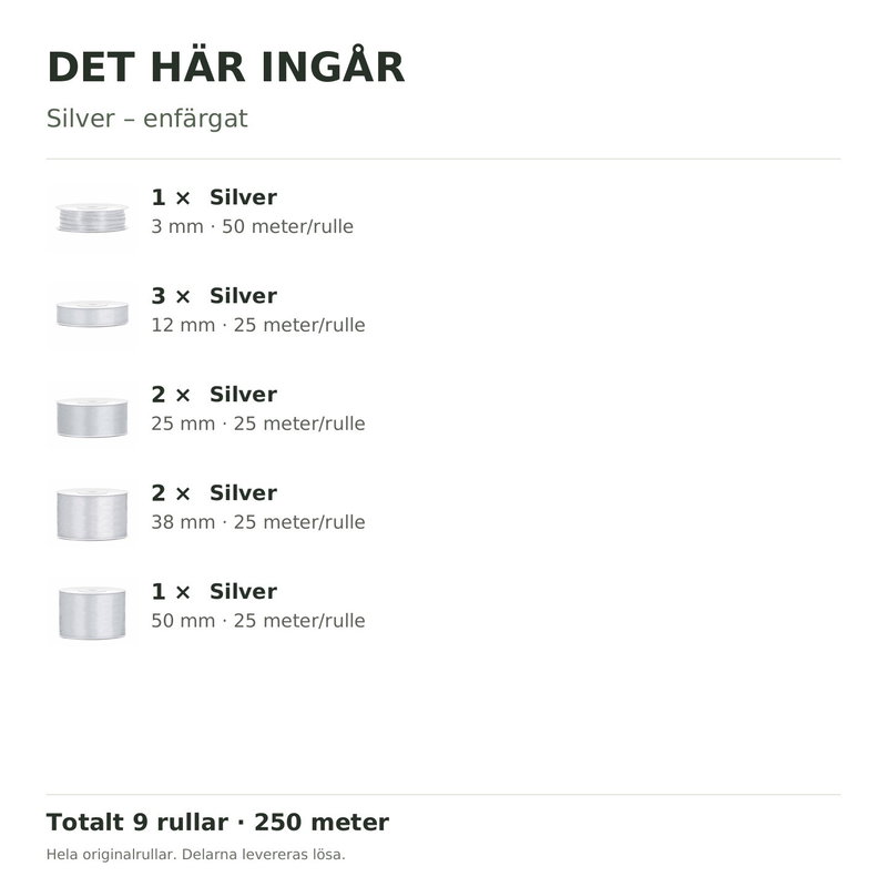 Det här ingår – Satinbandspaket – Silver – 9 rullar