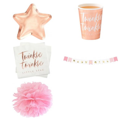 Babyshower flicka – roséguld och rosa – fikapaket, 6 gäster – produktöversikt
