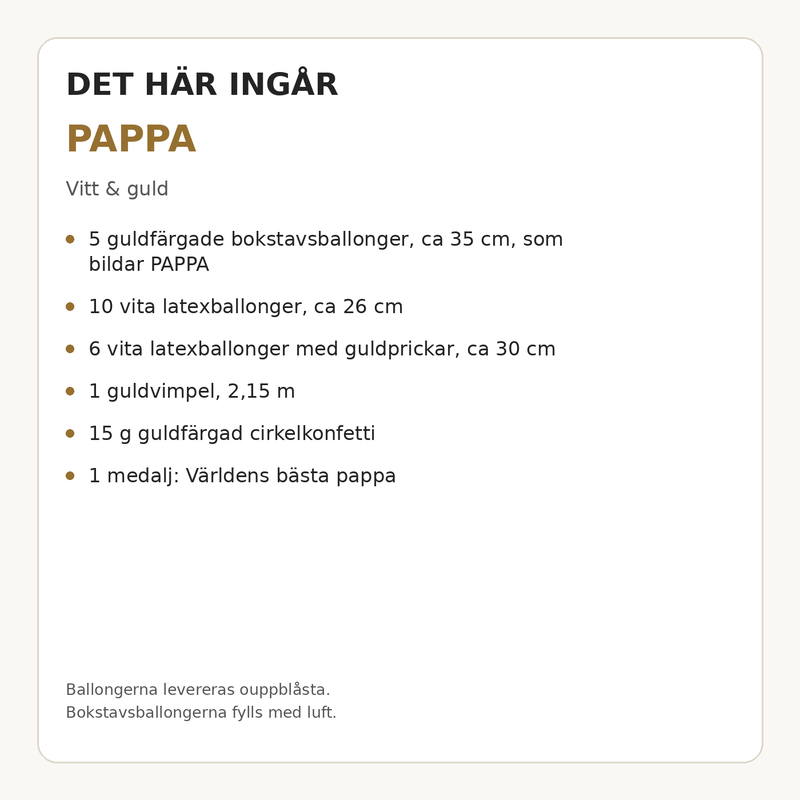 Paketets innehåll och antal – PAPPA – dekorationspaket till fars dag – vitt & guld