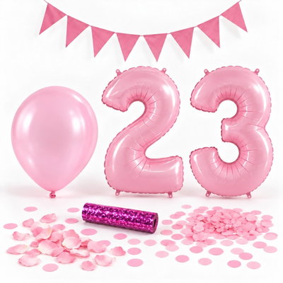 23-års festpaket, Rosa, Stor – paketets dekorationer på vit bakgrund