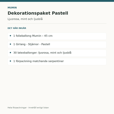 Mumin – dekorationspaket Pastell – innehåll och antal