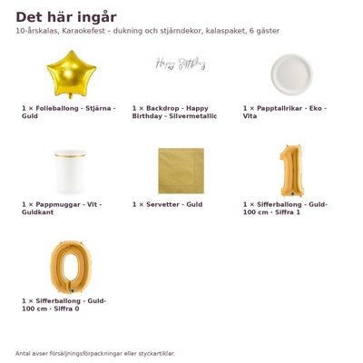 10-årskalas, Karaokefest – dukning och stjärndekor, kalaspaket, 6 gäster – innehåll och antal, sifferballong 100 cm