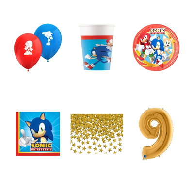 9-årskalas, Sonic, kalaspaket, 8 gäster – paketets produkter med sifferballong 100 cm