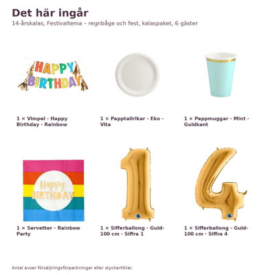 14-årskalas, Festivaltema – regnbåge och fest, kalaspaket, 6 gäster – innehåll och antal, sifferballong 100 cm