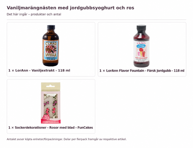 Vaniljmarängnästen med jordgubbsyoghurt och ros – innehåll och antal förpackningar