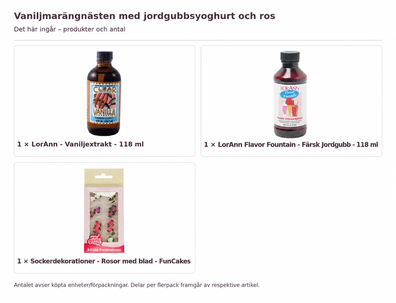 Vaniljmarängnästen med jordgubbsyoghurt och ros – innehåll och antal förpackningar