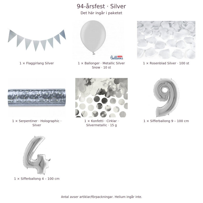 94-års festpaket, Silver, Stor – innehåll och antal förpackningar