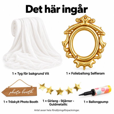 Personalfestens porträttplats – vit textilfond och guldfärgad ram – innehåll och antal försäljningsförpackningar