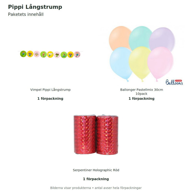 Pippi Långstrump – dekorationspaket Bas – innehåll och antal