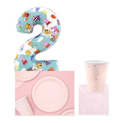 Greta Gris – 2-årskalas – rosa dukning och ballong, 6 gäster