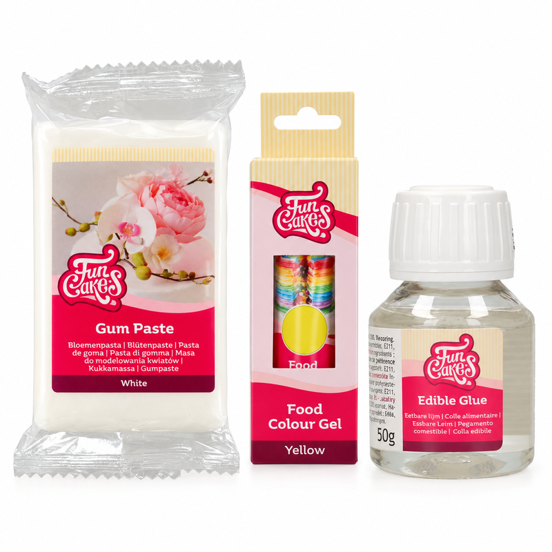 Produktöversikt: Vita och gula sockerblommor att forma för hand