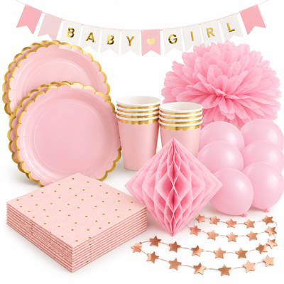 Babyshower flicka – rosa och guld – fika och dekorationer, 12 gäster – samlat paketinnehåll