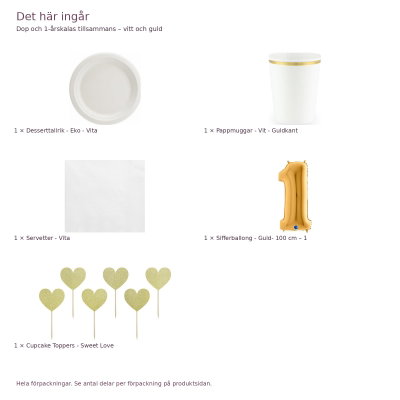 Dop och 1-årskalas tillsammans – vitt och guld – exakt innehåll och antal förpackningar