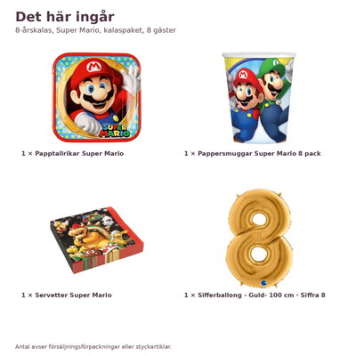 8-årskalas, Super Mario, kalaspaket, 8 gäster – innehåll och antal, sifferballong 100 cm