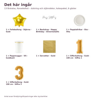 13-årskalas, Karaokefest – dukning och stjärndekor, kalaspaket, 6 gäster – innehåll och antal, sifferballong 100 cm