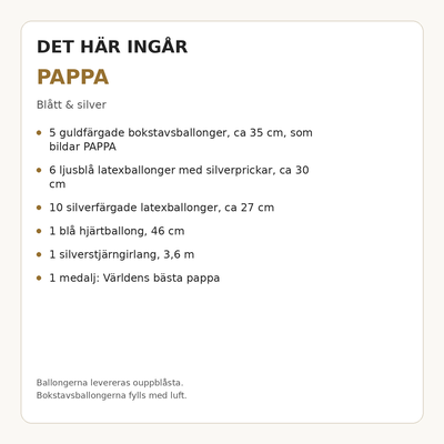 Paketets innehåll och antal – PAPPA – dekorationspaket till fars dag – blått & silver