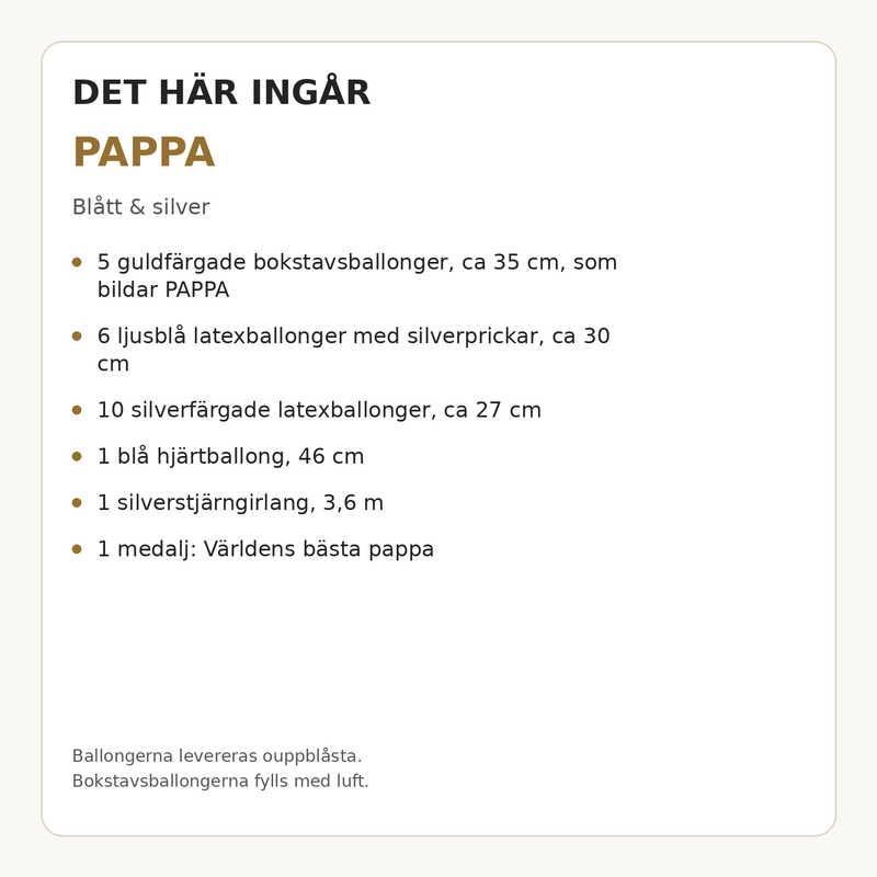 Paketets innehåll och antal – PAPPA – dekorationspaket till fars dag – blått & silver