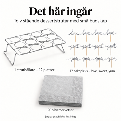 Det här ingår – Tolv stående dessertstrutar med små budskap