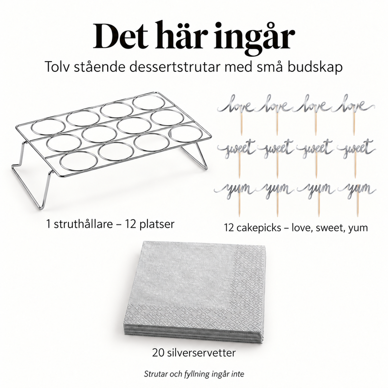 Det här ingår – Tolv stående dessertstrutar med små budskap