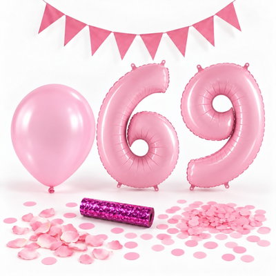 69-års festpaket, Rosa, Stor – paketets dekorationer på vit bakgrund