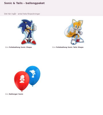 Sonic & Tails – ballongpaket – innehåll och antal
