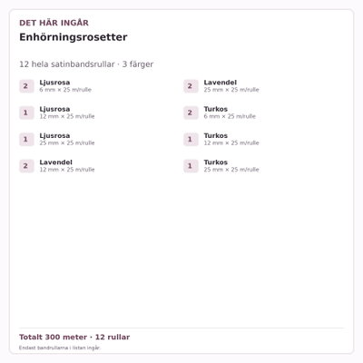 Det här ingår – Satinbandspaket – Enhörningsrosetter – 12 rullar