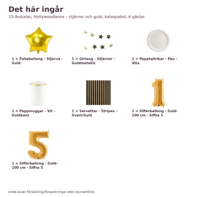 15-årskalas, Hollywoodtema – stjärnor och guld, kalaspaket, 6 gäster – innehåll och antal, sifferballong 100 cm